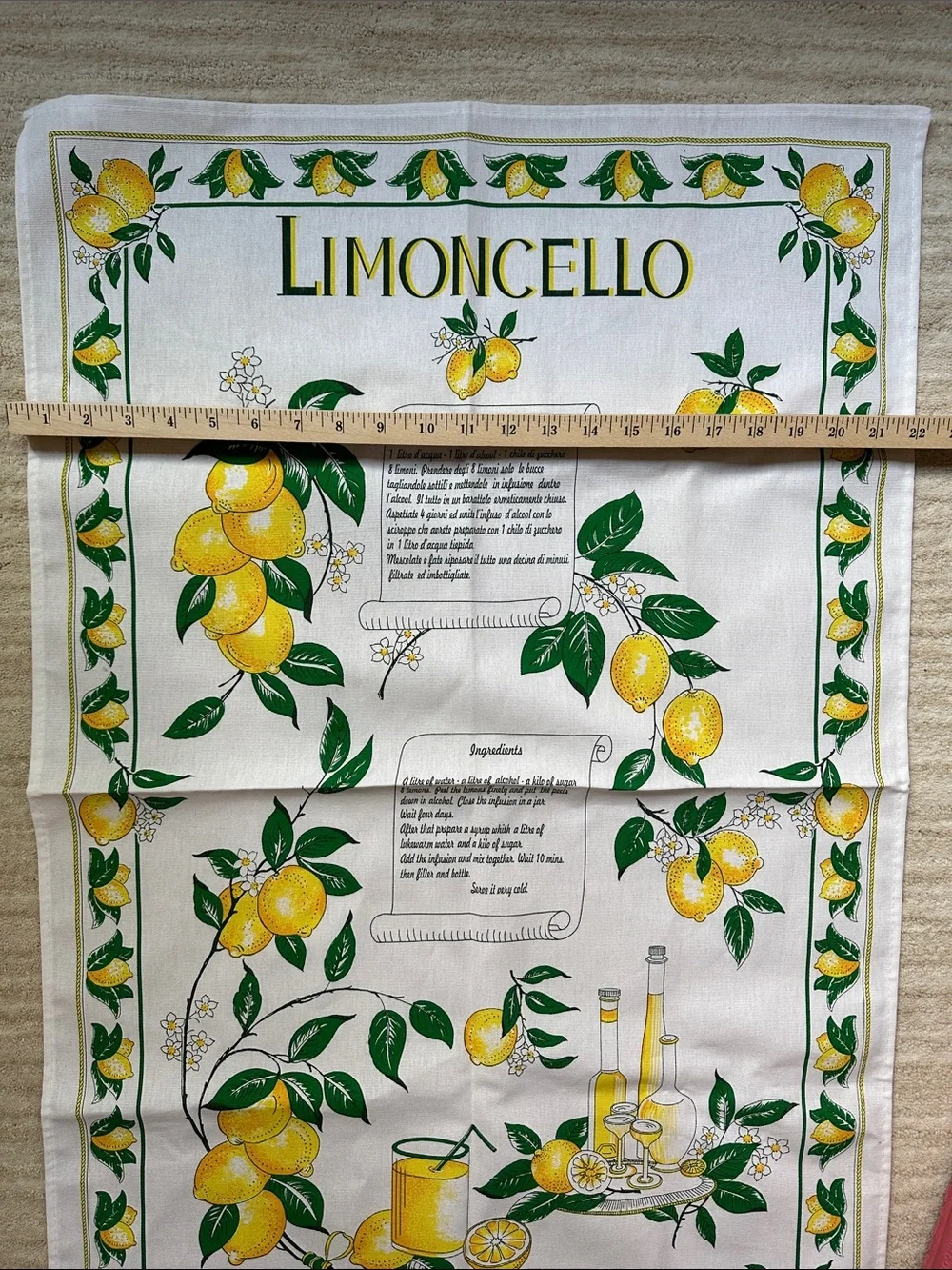 NWOT Lemon Tea Towel Italy Cotton LIMONCELLO MonveniR 22” X 34” Vintage Italian